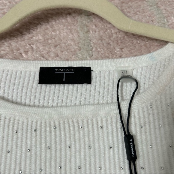 T Tahari Off White Knit Silver Rhinestone Sweater Size Large Holiday Winter Fall - Picture 3 of 14
